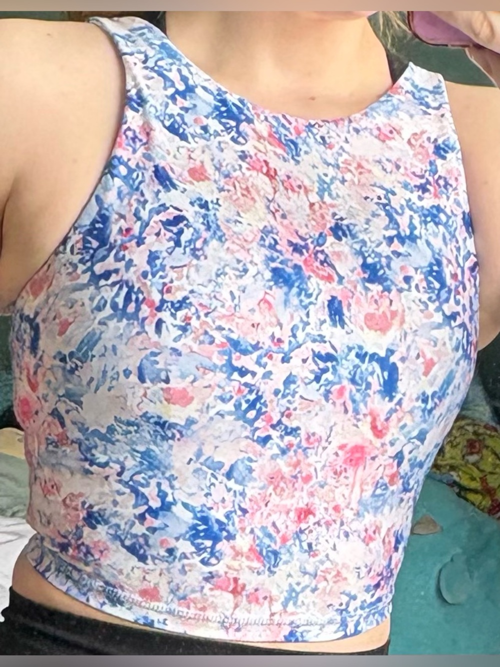 Joe Fresh Blue, Pink & White Abstract Floral Crop Tank